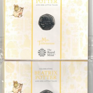 Two 2018 Fifty Pence Coins Mrs Tittlemouse cupro-nickel coin featuring Queen Elizabeth II on the Obverse. All coins are in stock.