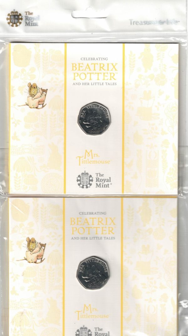 Two 2018 Fifty Pence Coins Mrs Tittlemouse cupro-nickel coin featuring Queen Elizabeth II on the Obverse. All coins are in stock.