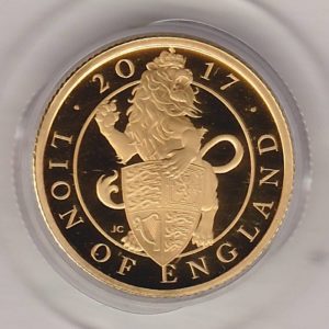 2017 Gold Proof Quarter Ounce Queen's Beasts The Lion Of England Coin. The obverse features Queen Elizabeth II. The reverse features a Lion.