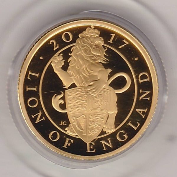2017 Gold Proof Quarter Ounce Queen's Beasts The Lion Of England Coin. The obverse features Queen Elizabeth II. The reverse features a Lion.