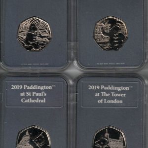 2018-2019 Brilliant Uncirculated four fifty pence coin and stamp Paddington Set . This 2016 set comes with capsules and wooden box.