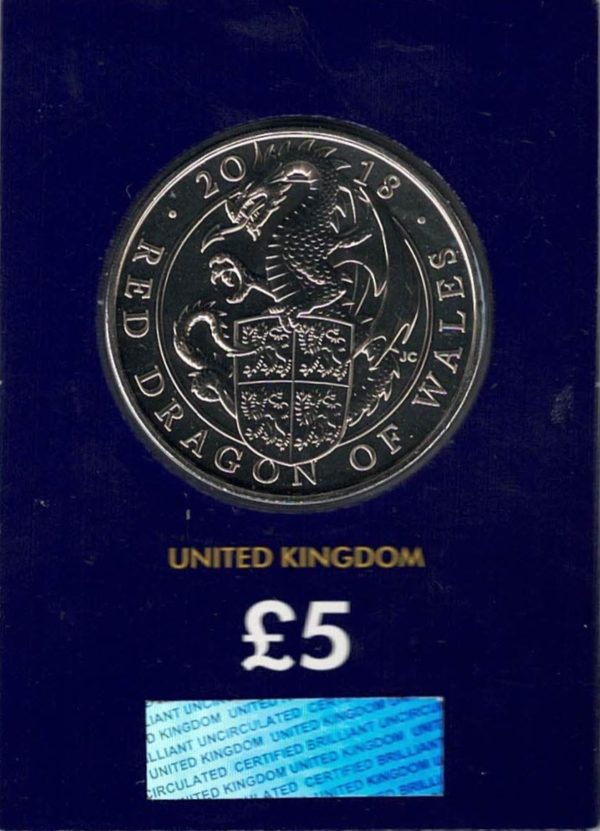 2018 Five Pound Red Dragon of Wales. This coin comes in the change checker card presentation packets in mint condition. Queen Elizabeth II on Obverse.