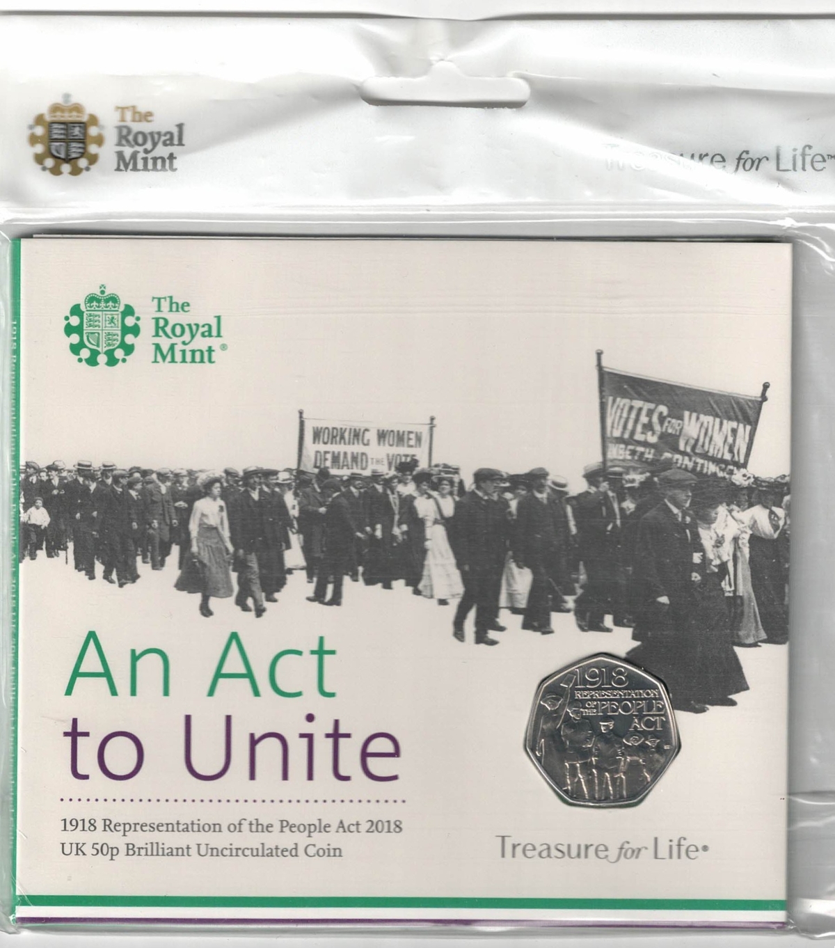 2018 Fifty Pence 1918 Representation of the people Act. cupro-nickel coin featuring Queen Elizabeth II on the Obverse. All coins are in stock.