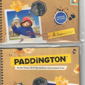 Two 2019 Fifty Pence Coins Paddington At The Tower and At St Paul's cupro-nickel coin featuring Queen Elizabeth II on the Obverse.