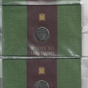 Three 2020 Royal Mint Fifty Pence Coins Withdrawal From The EU cupro-nickel coins. All coins are in stock. You are buying three fifty pence coins.