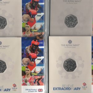 Four 2021 Fifty Pence Team GB, Tokyo 2020 cupro-nickel coin featuring Queen Elizabeth on the Obverse. The coins are in stock.