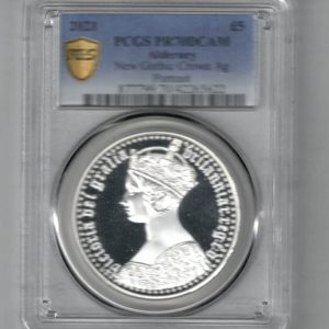 2021 Alderney Silver Proof Gothic Crown Coin. The Obverse features Queen Elizabeth II gothic portrait. The reverse features William Wyon's Victoria.