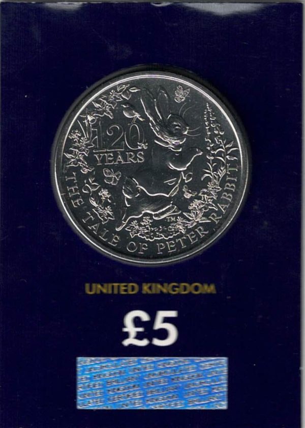 2022 Five Pound Peter Rabbit Coin. This coin comes in the change checker card presentation packets in mint condition. Queen Elizabeth II on Obverse.