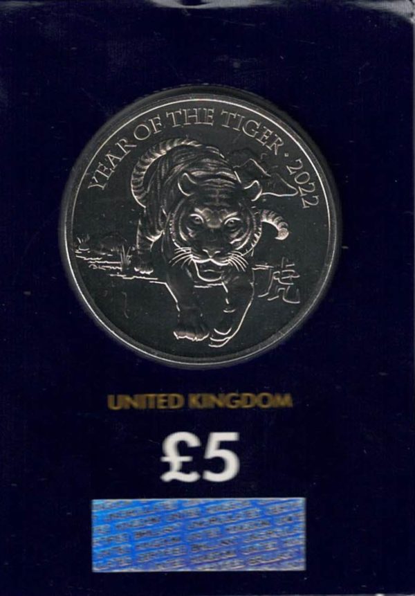 2022 Five Pound year of the tiger Coin. This coin comes in the change checker card presentation packets in mint condition. Queen Elizabeth II on Obverse.