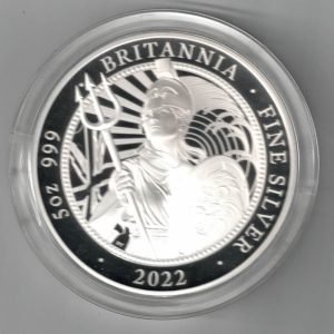 Boxed 2022 Silver Proof Five Ounce Britannia Coin. This coin weighs 156.29 grams of 0.999 silver. All coins are in stock.