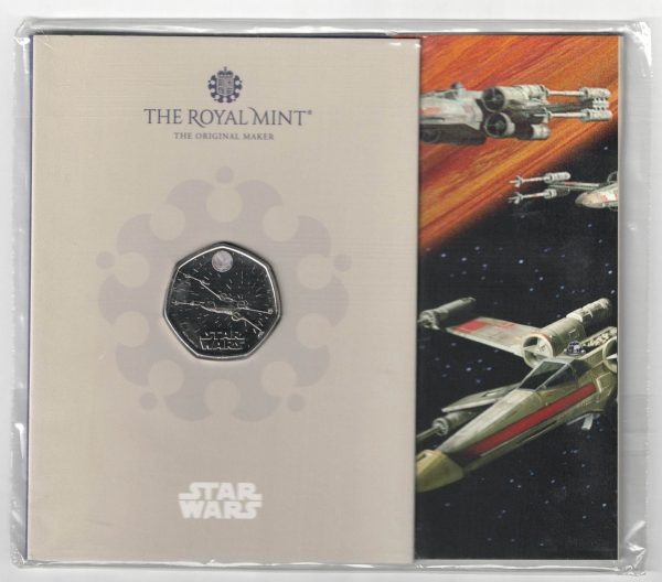 2024 fifty pence X-Wing Cupro-nickel coin featuring Charles III on the Obverse and Star Wars X-Wing on the Reverse. All coins are in stock.