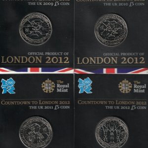 Four Five Pounds Coins countdown to London. Featuring Queen Elizabeth II on the Obverse. All five pound coins are in stock.