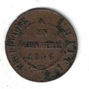 AN43 (1846) Haiti Copper One Centime Coin. The obverse features the value and date within wreath. The reverse features a liberty cap with beaded outer rim.