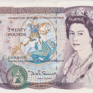 B351 Somerset Twenty Pounds banknote. Deep purple on multicolour underprint. The obverse features Elizabeth II. The reverse features Shakespeare.
