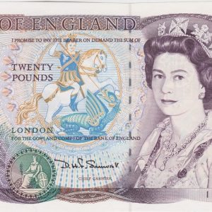 B351 Somerset Twenty Pounds banknote. Deep purple on multicolour underprint. The obverse features Elizabeth II. The reverse features Shakespeare.