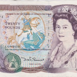 B351 Somerset Twenty Pounds banknote. Deep purple on multicolour underprint. The obverse features Elizabeth II. The reverse features Shakespeare.