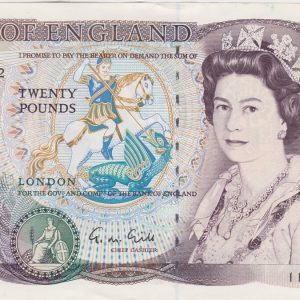 B355 Gill Twenty Pounds banknote. Deep purple on multicolour underprint. The obverse features Elizabeth II. The reverse features Shakespeare.