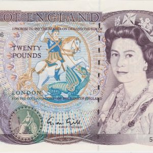 B355 Gill Twenty Pounds banknote. Deep purple on multicolour underprint. The obverse features Elizabeth II. The reverse features Shakespeare.
