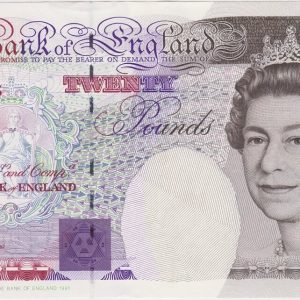 B358 Gill Twenty Pounds banknote. Black, teal-violet and purple on multicolour underprint. Elizabeth II obverse. The reverse features Michael Faraday.