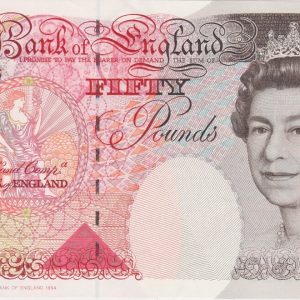 B377 Kentfield Fifty Pounds Banknote. Queen Elizabeth II and Britannia on the obverse. Sir John Houblon on the reverse. Prefix / Serial Number A25 213966.