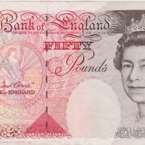 B385 Lowther Fifty Pounds Banknote featuring Queen Elizabeth II and Britannia on the obverse. Sir John Houblon on the reverse.