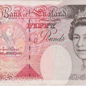 B385 Lowther Fifty Pounds Banknote featuring Queen Elizabeth II and Britannia on the obverse. Sir John Houblon on the reverse.
