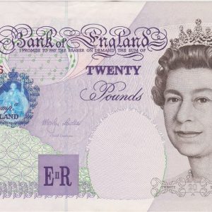 B386 Lowther Twenty Pounds Banknote. Featuring Queen Elizabeth II on the obverse. The reverse features Sir Edward Elgar & Worcester Cathedral.