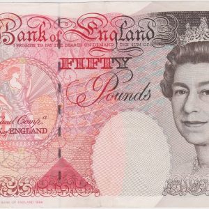 B404 Bailey Fifty Pounds Banknote. Queen Elizabeth II and Britannia on the obverse. Sir John Houblon on the reverse. M42 114316.