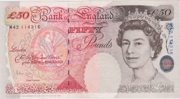 B404 Bailey Fifty Pounds Banknote. Queen Elizabeth II and Britannia on the obverse. Sir John Houblon on the reverse. M42 114316.