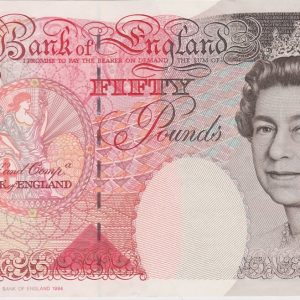 B404 Bailey Fifty Pounds Banknote. Queen Elizabeth II and Britannia on the obverse. Sir John Houblon on the reverse. R28 364599