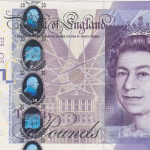 B405 Bailey Twenty Pounds Banknote. Featuring Queen Elizabeth II on the obverse. The reverse features the economist Adam Smith.