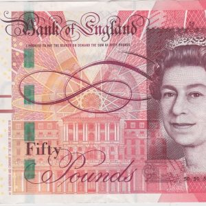 B410 Salmon Fifty Pounds Banknote. Queen Elizabeth II on the obverse. Matthew Boulton 1728 to 1809 and James Watt 1736 to 1819 on the reverse.