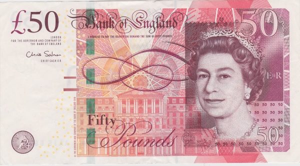 B410 Salmon Fifty Pounds Banknote. Queen Elizabeth II on the obverse. Matthew Boulton 1728 to 1809 and James Watt 1736 to 1819 on the reverse.