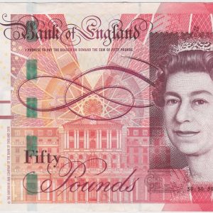 B410 Salmon Fifty Pounds Banknote. Queen Elizabeth II on the obverse. Matthew Boulton 1728 to 1809 and James Watt 1736 to 1819 on the reverse.