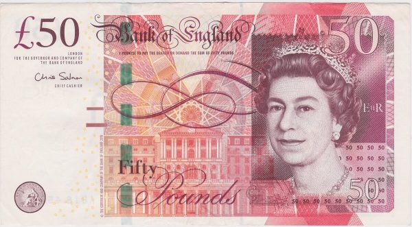 B410 Salmon Fifty Pounds Banknote. Queen Elizabeth II on the obverse. Matthew Boulton 1728 to 1809 and James Watt 1736 to 1819 on the reverse.