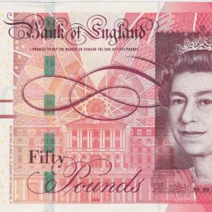 B410 Salmon Fifty Pounds Banknote. Queen Elizabeth II on the obverse. Matthew Boulton 1728 to 1809 and James Watt 1736 to 1819 on the reverse.