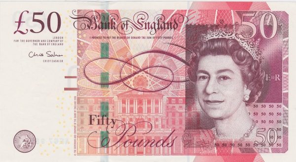 B410 Salmon Fifty Pounds Banknote. Queen Elizabeth II on the obverse. Matthew Boulton 1728 to 1809 and James Watt 1736 to 1819 on the reverse.
