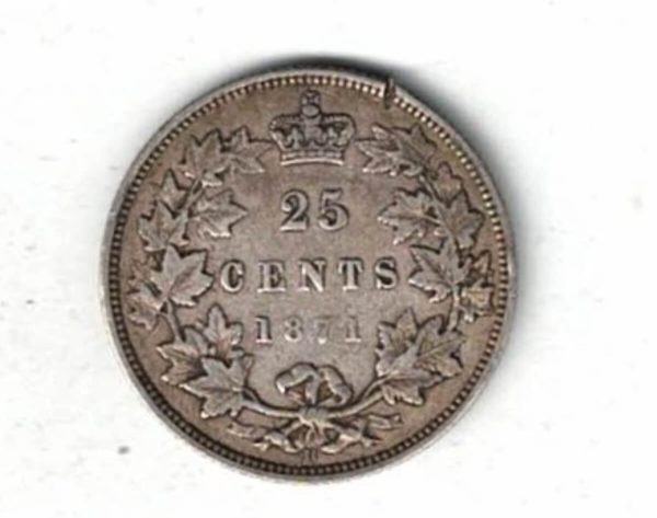 Damaged 1871 H Canada Silver 25 Cent Coin The obverse features Queen Victoria. The reverse features the face value. All coins are in stock