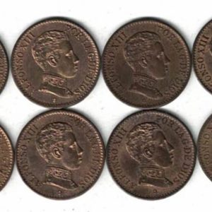 Eight 1906 SLV Spain Bronze One Centimo Coins. The obverse features the head of king Alfonso XIII. The reverse features the crowned coat of arms of Spain.