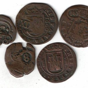 Five 1600 To 1676 Spain Copper Coins. You are buying the five Spanish coins in the pictures. All coins are in stock for dispatch.
