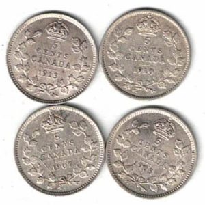 Four Canada Silver Five Cent Coins. The dates of the coins are 1905, 1907, 1910 & 1913.All coins are in stock for dispatch