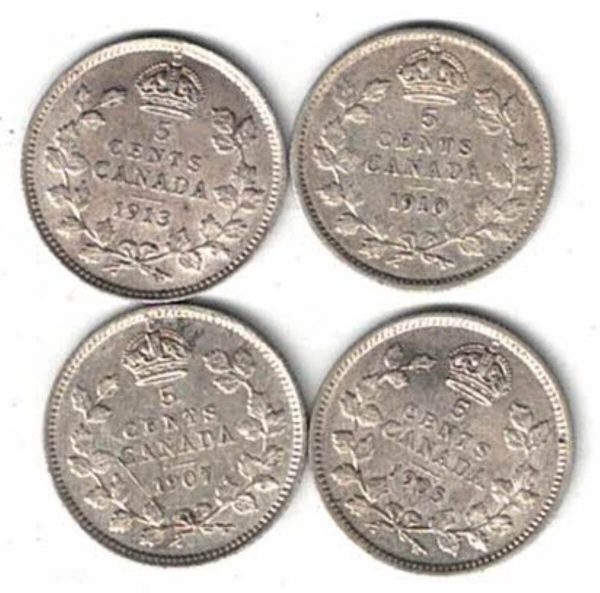 Four Canada Silver Five Cent Coins. The dates of the coins are 1905, 1907, 1910 & 1913.All coins are in stock for dispatch