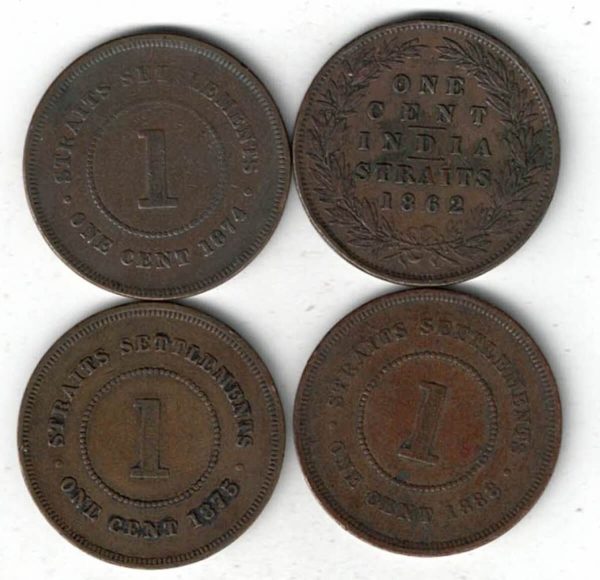 Four Straits Settlements Copper One Cent Coins The obverse features the bust of queen Victoria facing left. All coins are in stock.