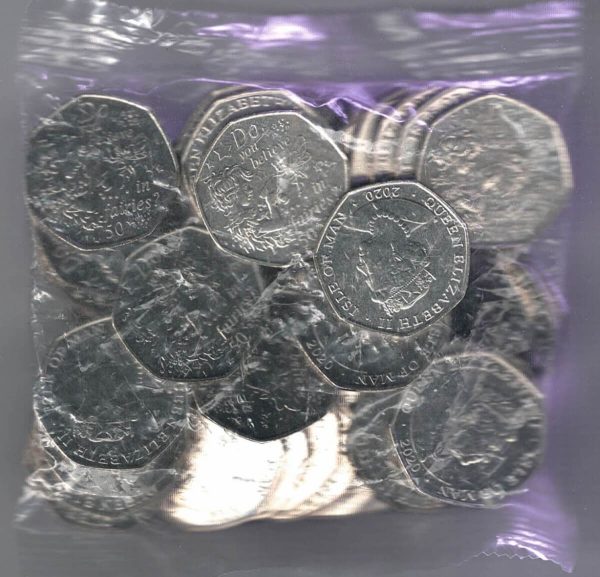 Sealed Bag Of 2020 Isle Of Man Peter Pan & Tinker Bell Fifty Pence Coins. The obverse features the portrait of Queen Elizabeth II facing right.