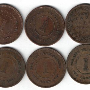 Six Straits Settlements Copper One Cent Coins The obverse features the bust of queen Victoria facing left. All coins are in stock.