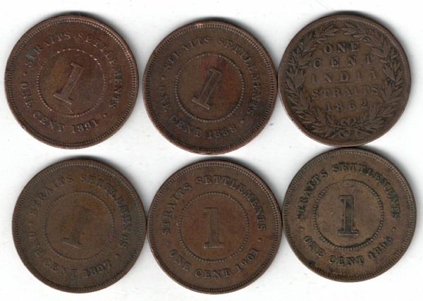 Six Straits Settlements Copper One Cent Coins The obverse features the bust of queen Victoria facing left. All coins are in stock.