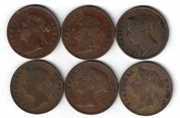 Six Straits Settlements Copper One Cent Coins - Image 2