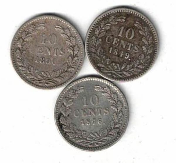 Three Netherlands Silver Ten Cent Coins. The obverse of this coin features the head of king Wilhelm III. All coins are in stock.