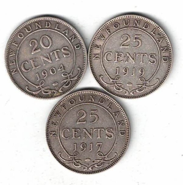 Three Newfoundland Canada Silver Coins. The dates of the coins are 1904 H Twenty Cents, 1917 C Twenty Five Cents & 1919 C Twenty Five Cents.