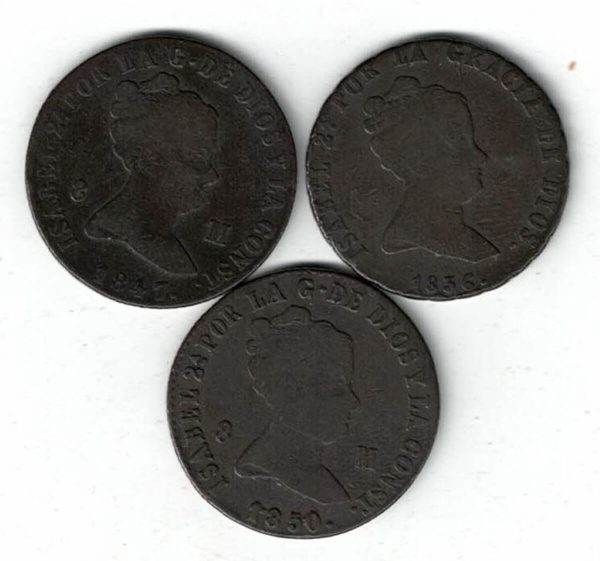 Three Spain Eight Maravedis Copper Coins. The obverse features the bust of Isabel II facing right. The reverse features a cross with with lions and castles.